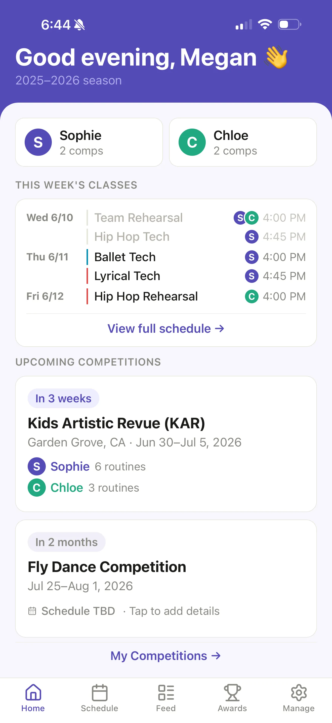 The Ovation app home screen — a family's dancers, this week's classes, and upcoming competitions